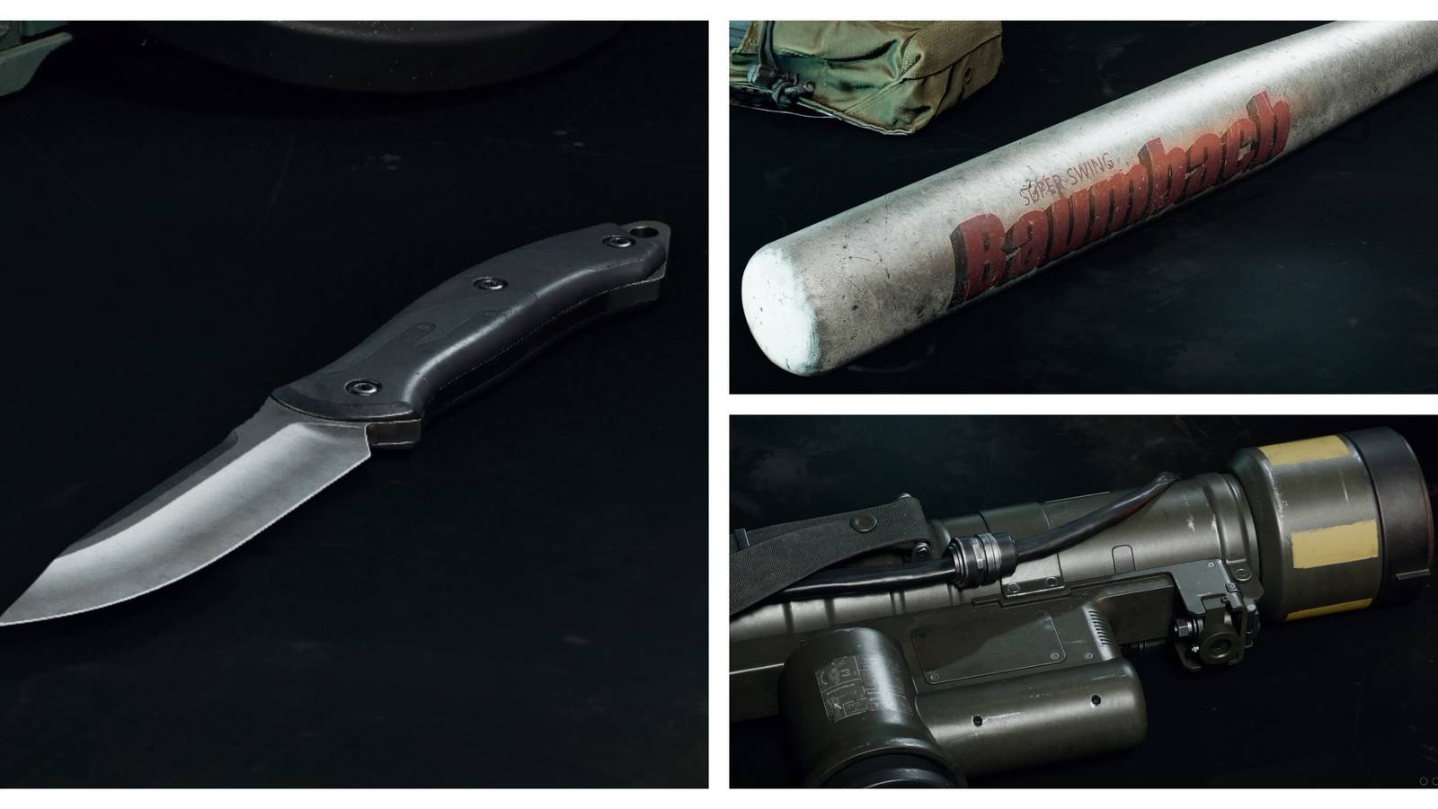 combat knife, baseball bat, rocket launcher