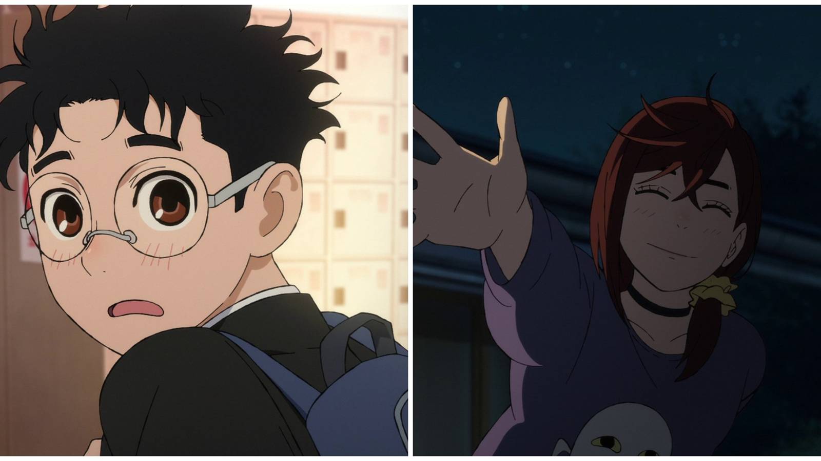 Split image of Okarun looking at Momo and Momo smiling and waving at Okarun in Dandadan