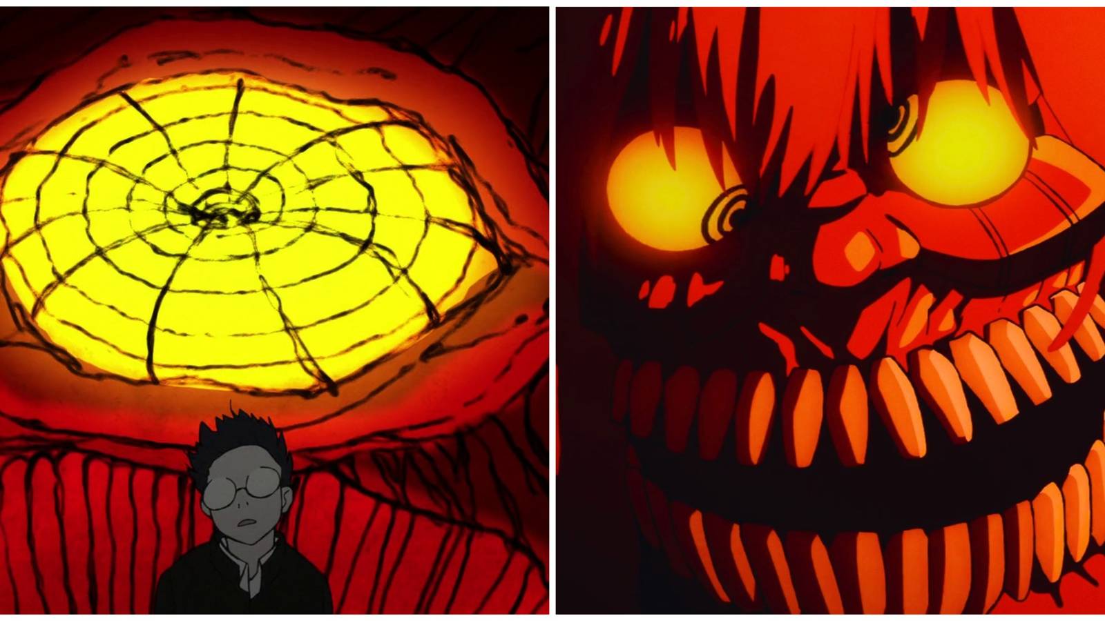 Split image of Turbo Granny in front of Okarun and Turbo Granny in battle in Dandadan