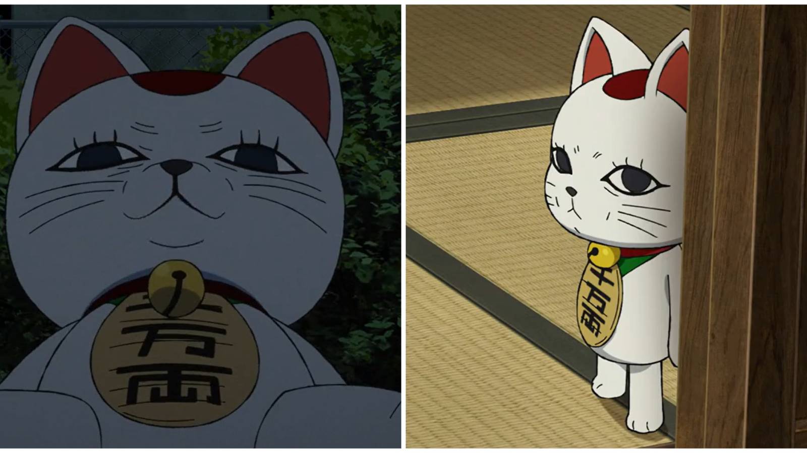Split image of Turbo Granny in her Maneki-Neko form talking to Okarun and Momo and hiding in Dandadan