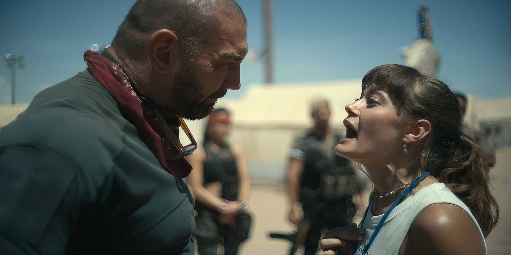 Dave Bautista and Ella Purnell arguing as father and daughter in Zack Snyder's Army of the Dead