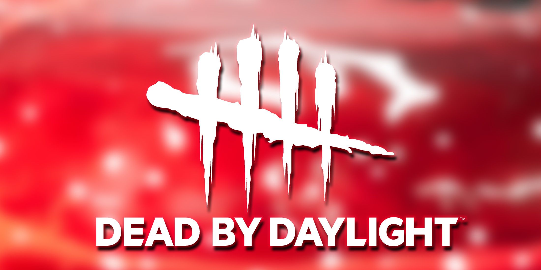 Dead by Daylight white glowing logo over blurred Doomed Course promo gameplay screenshot red pool