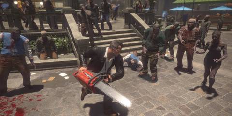 frank attacking zombies with a chainsaw