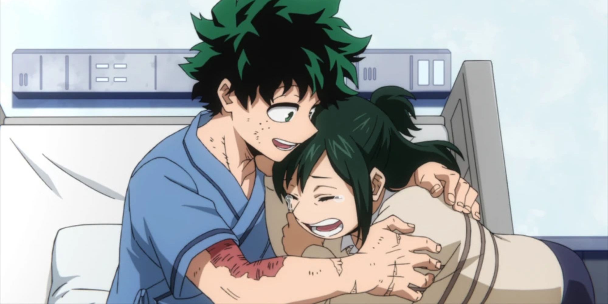 Deku hugs Inko when he's about to leave for the final battle.