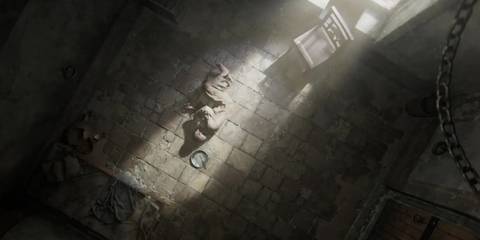 Overhead view of a prisoner lying on a stone floor in Diablo 2: Resurrected