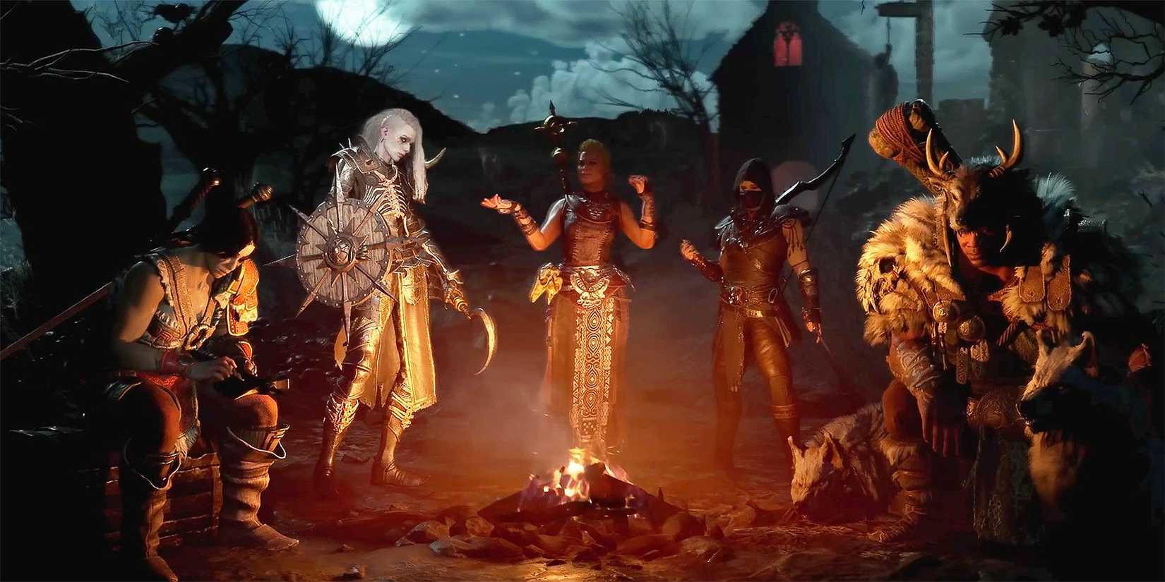 Diablo 4 classes sitting around a campfire at night