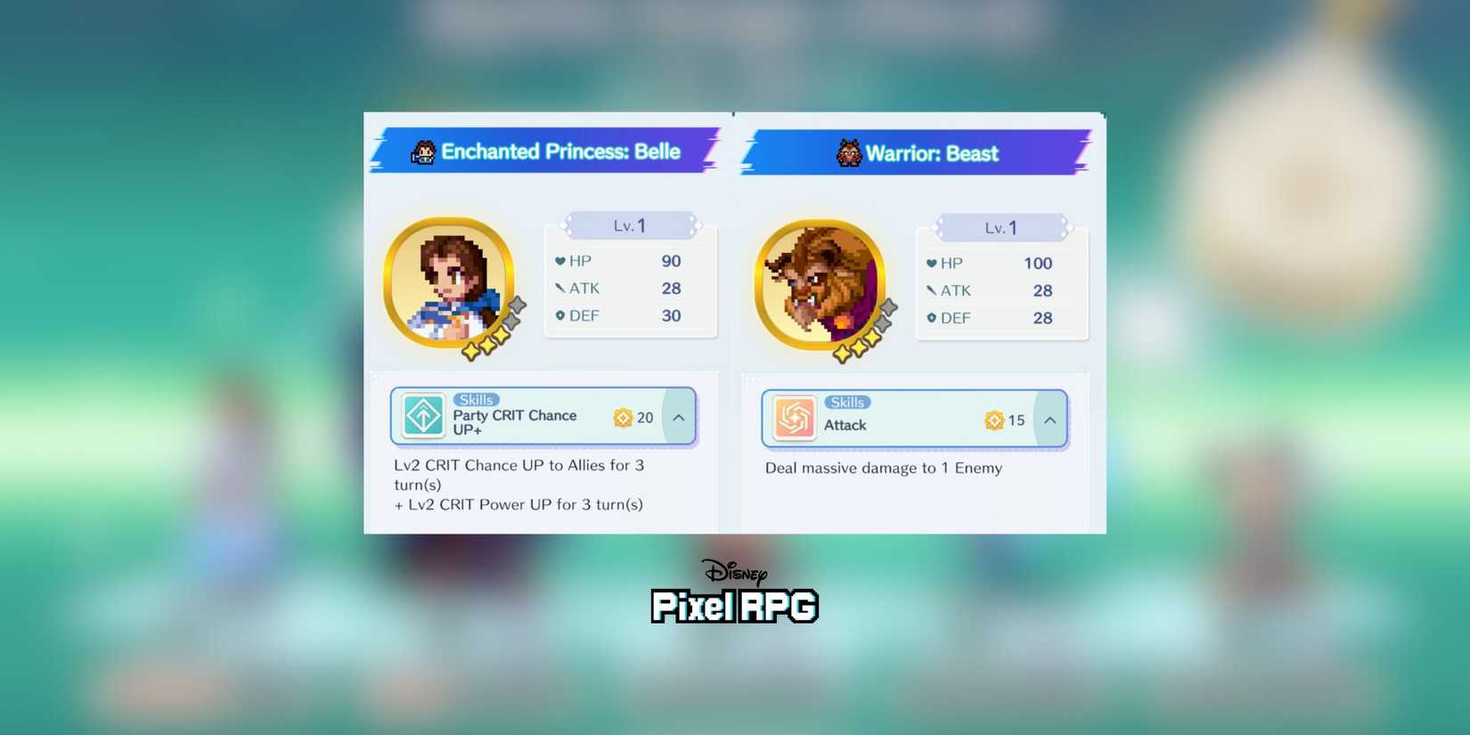 the stats of belle and beast in disney pixel rpg.