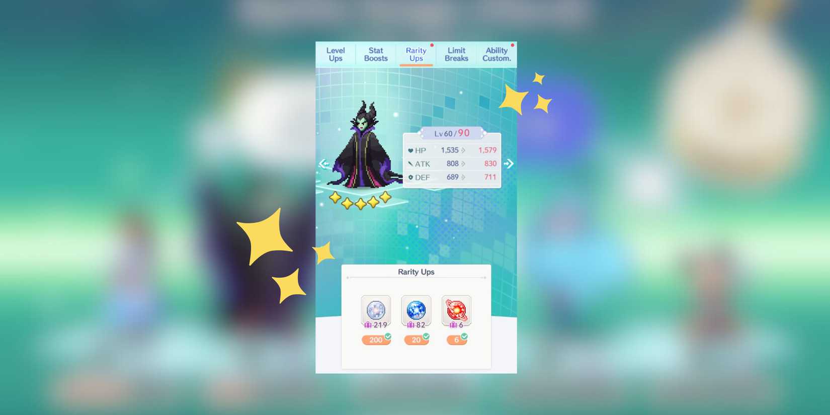 the rarity up menu in disney pixel rpg.