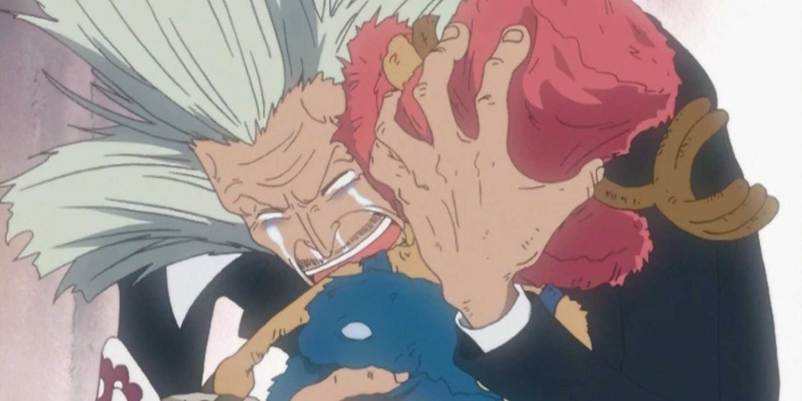 Doctor Hiriluk hugs Chopper, in gratitude for finding the mushroom in One Piece