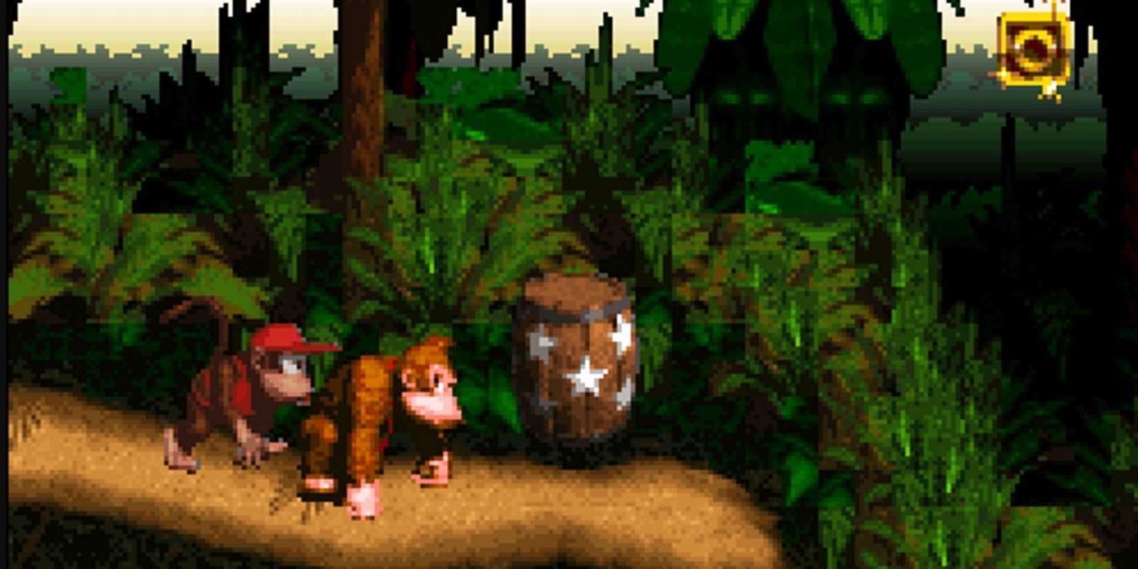 Donkey Kong and Diddy King prepare to throw a barrel in Donkey Kong Country for SNES 