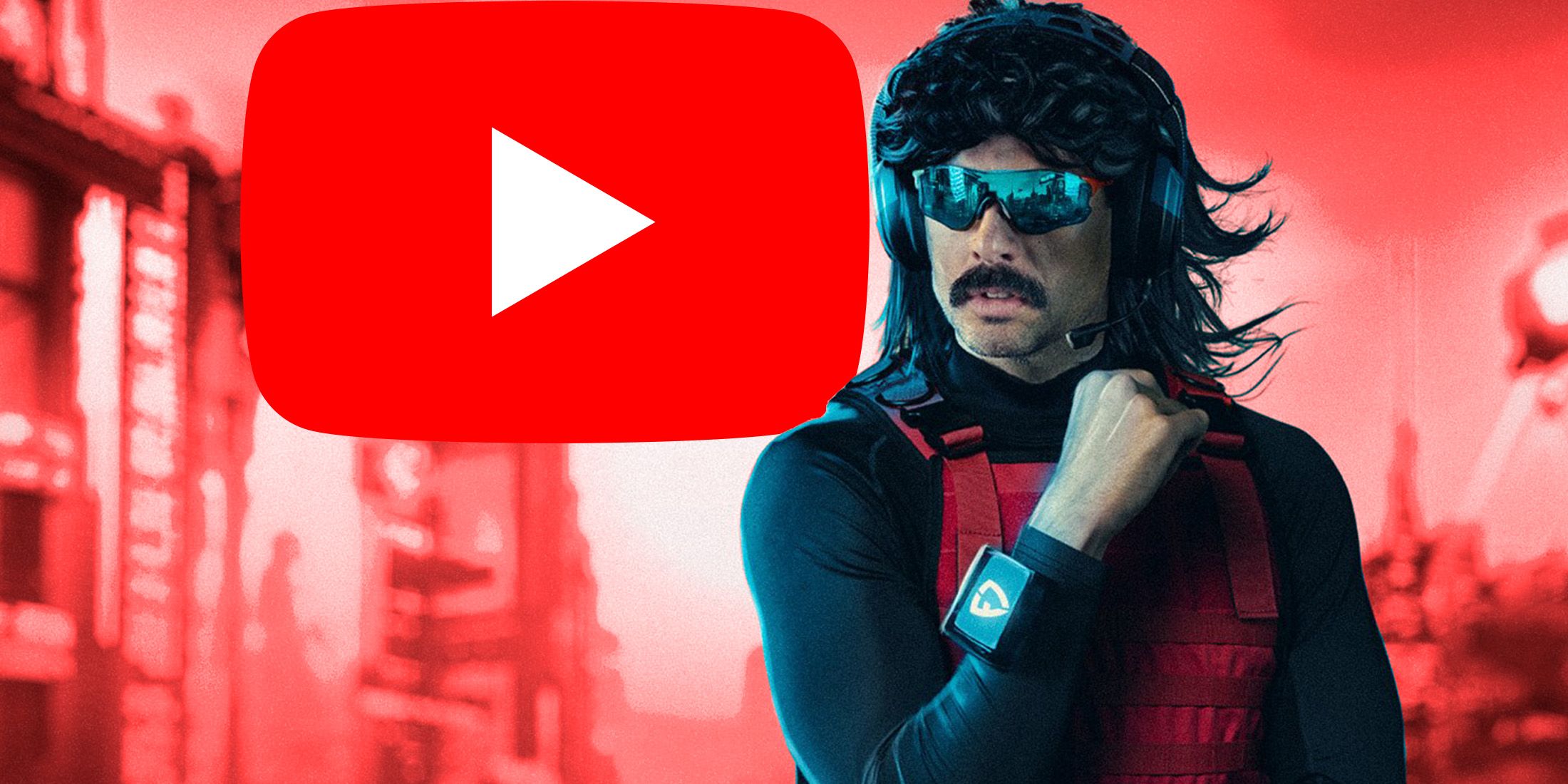 Dr Disrespect next to YouTube logo red background 2x1 composite