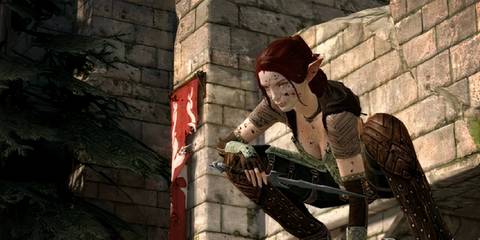 Dragon Age 2 Tallis crouching, looking down at someone or something