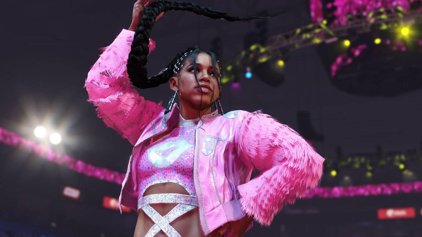 wwe's bianca belair wearing pink gear and waving her braid