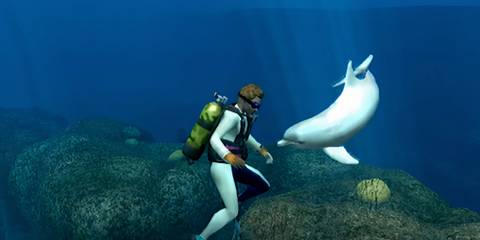 Diver meeting a dolphin in Endless Ocean: Blue World
