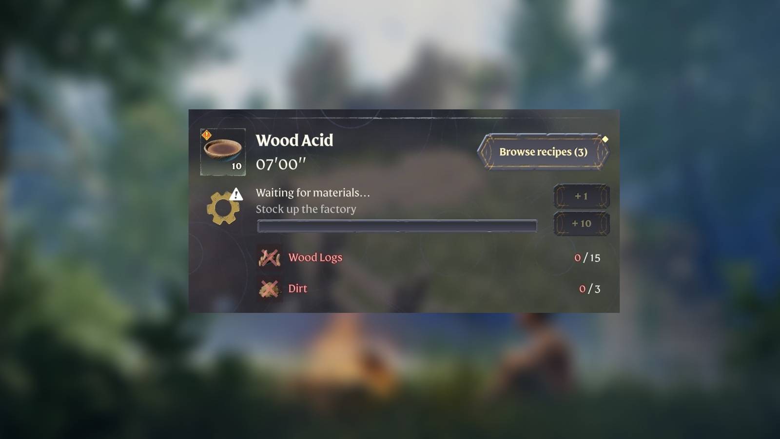 Wood Acid recipe in Enshrouded's Charcoal Kiln screen