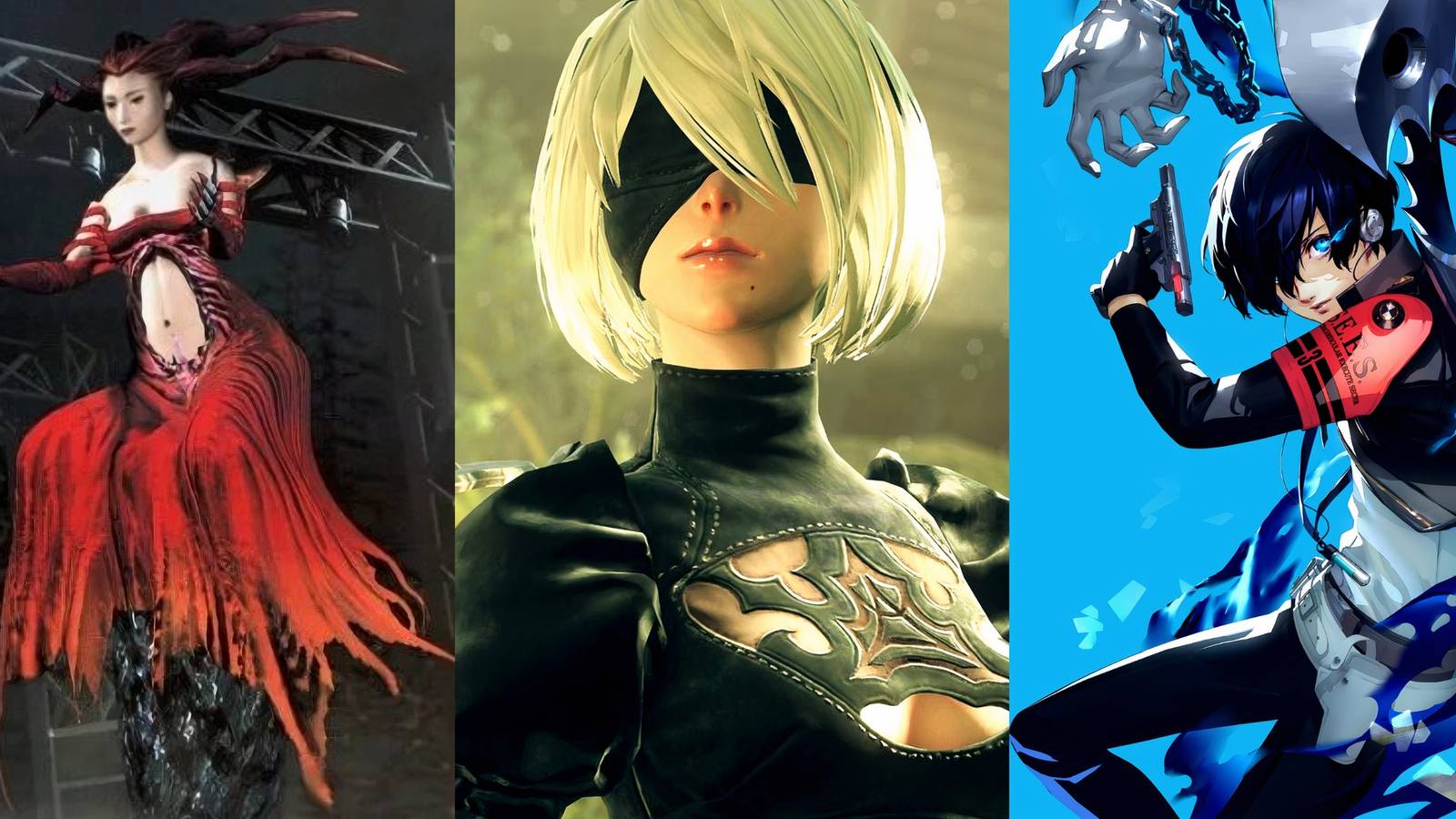 Stills from Parasite Eve, Nier Automata, and Persona 3