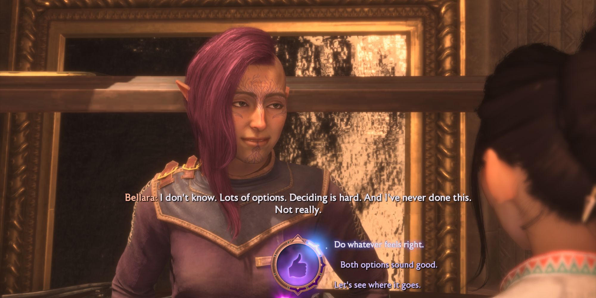 Expressing a romantic interest in Bellara dialogue option in Dragon Age: The Veilguard