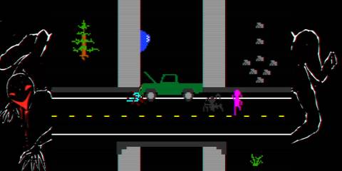 A pixelated version of a car driving on a. street and hitting a person in the road