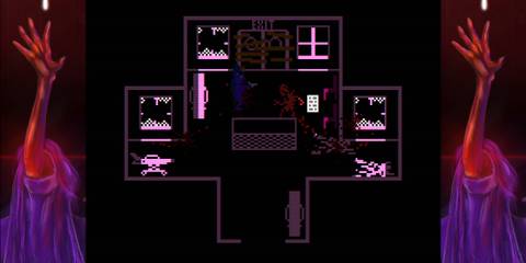 A pixelated version of a living room with the windows smashed