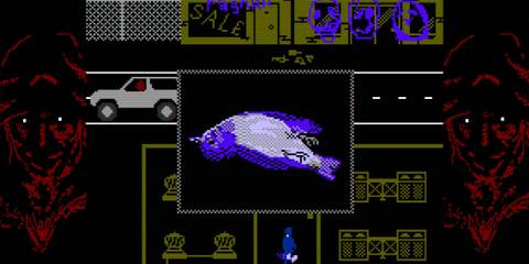 A pixelated version of a bird's corpse after being ran over by a car