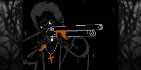 A pixelated version of a man wearing a cross and aiming a shotgun