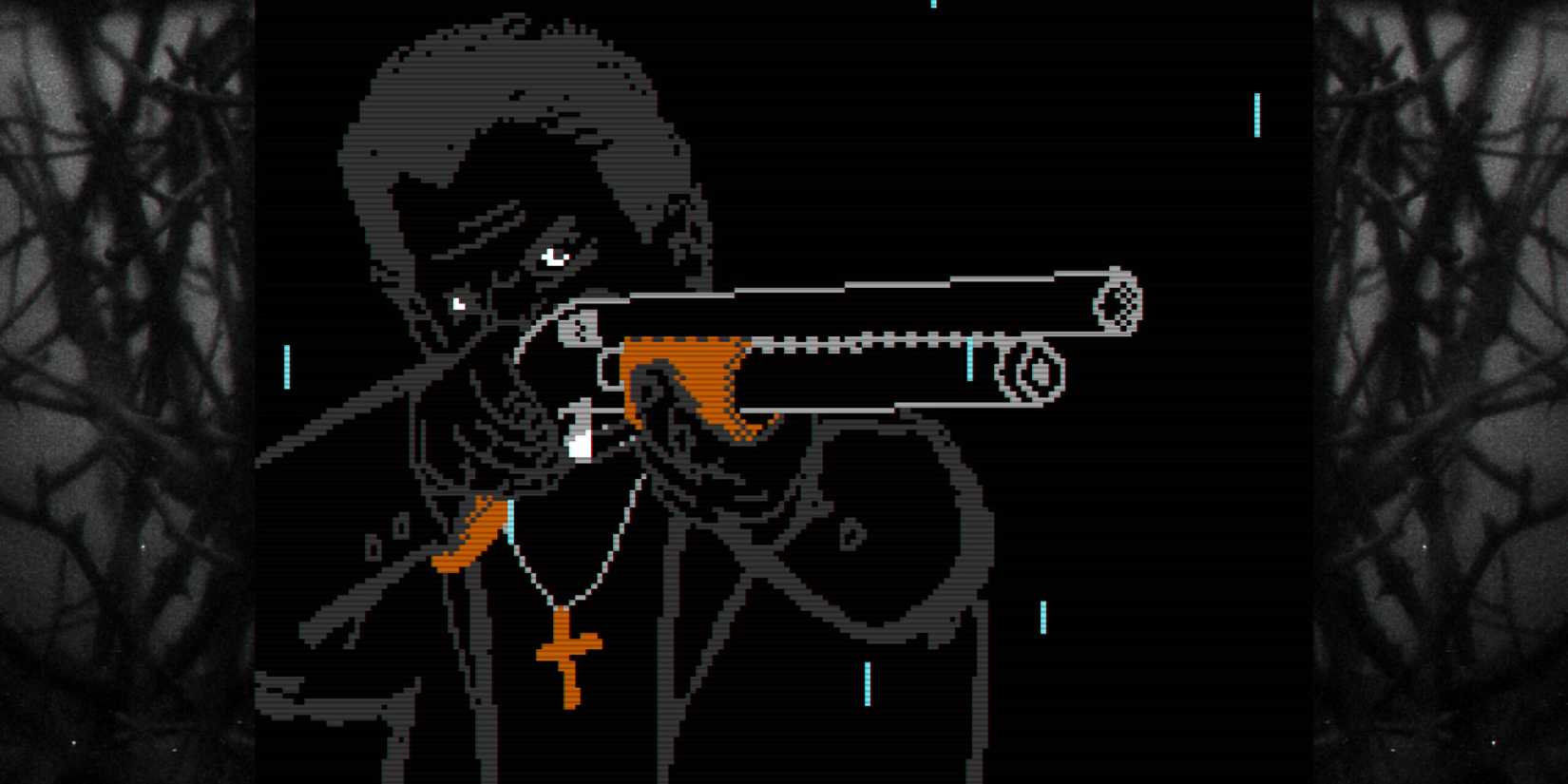 A man's pixeled version aimed at a shot on a cross and aimed at a shot