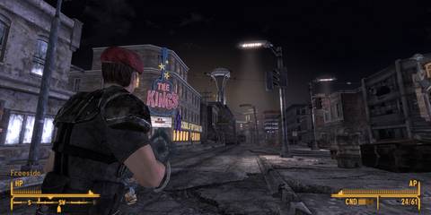Fallout New Vegas player walking down a street