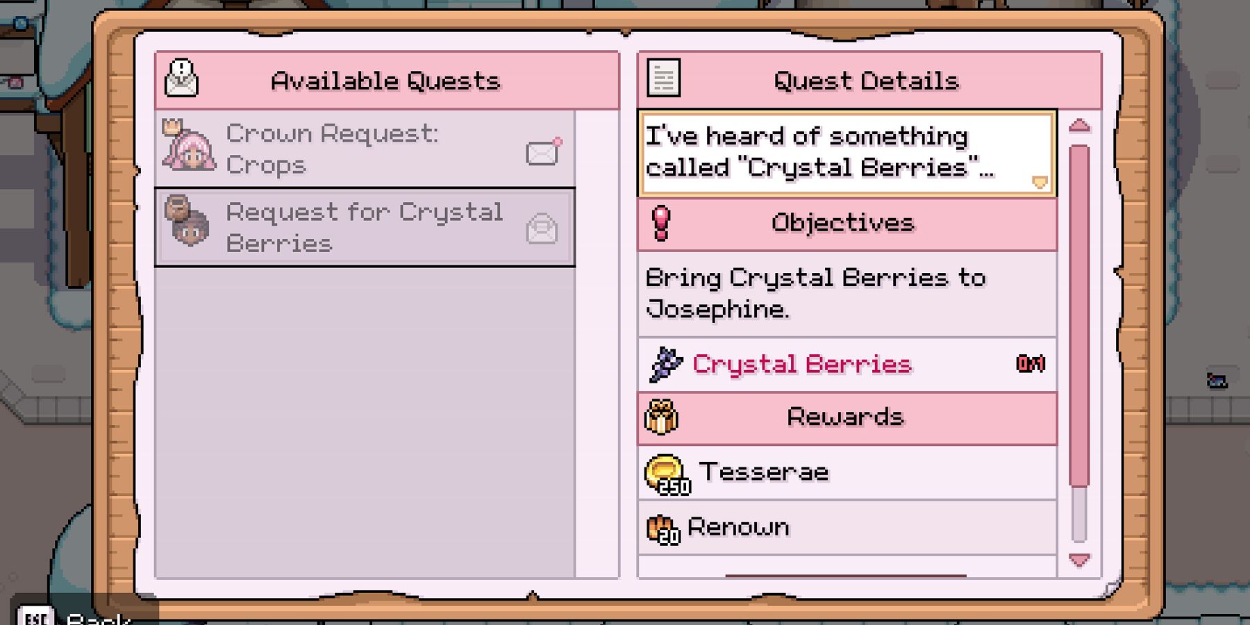 fields of mistria request for crystal berries side quest