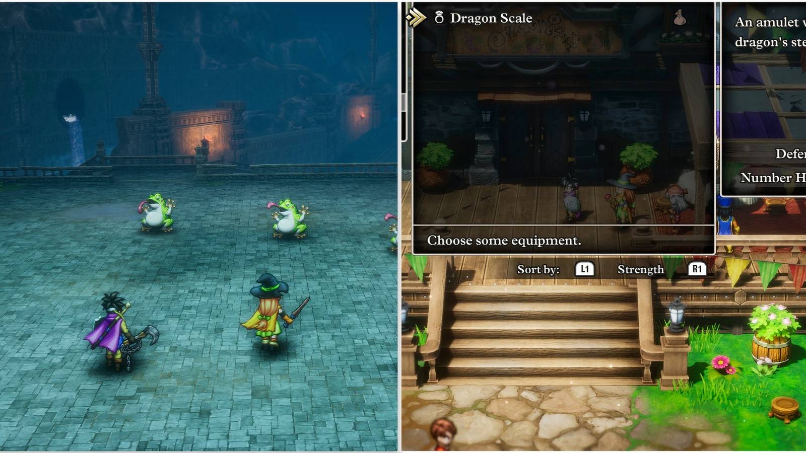 Fighting a battle and Dragon Scale accessory in Dragon Quest 3 HD-2D Remake