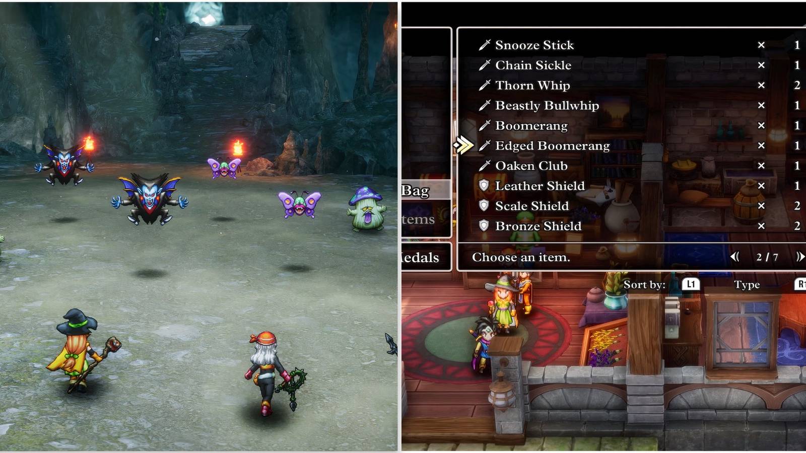 Fighting a battle and Edged Boomerang weapon in Dragon Quest 3 HD-2D Remake