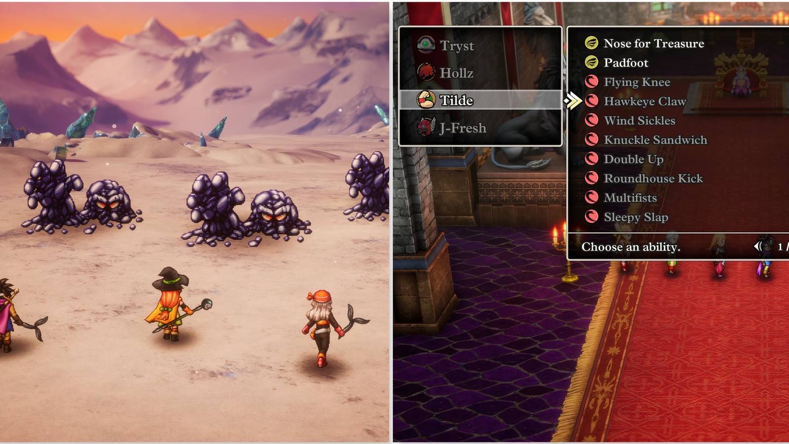 Fighting a battle and Hawkeye Claw ability in Dragon Quest 3 HD-2D Remake