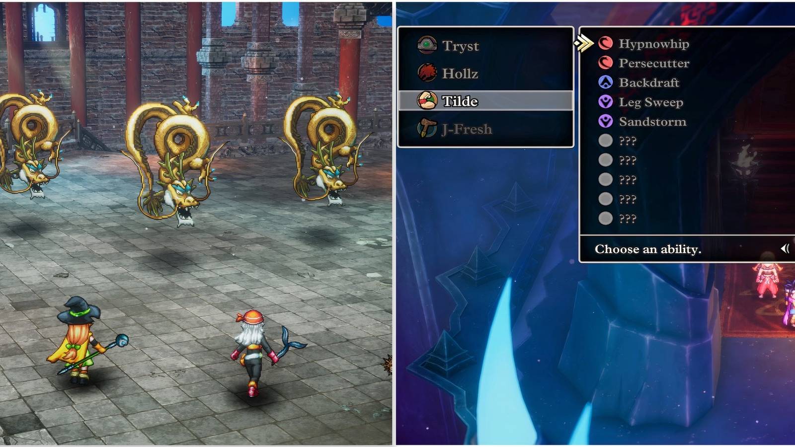 Fighting a battle and Hypnowhip skill in Dragon Quest 3 HD-2D Remake