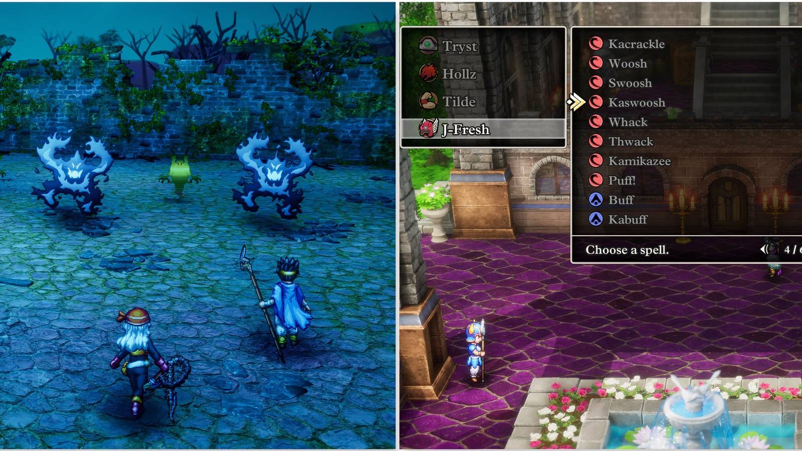 Fighting a battle and Kaswoosh Priest ability in Dragon Quest 3 HD-2D Remake