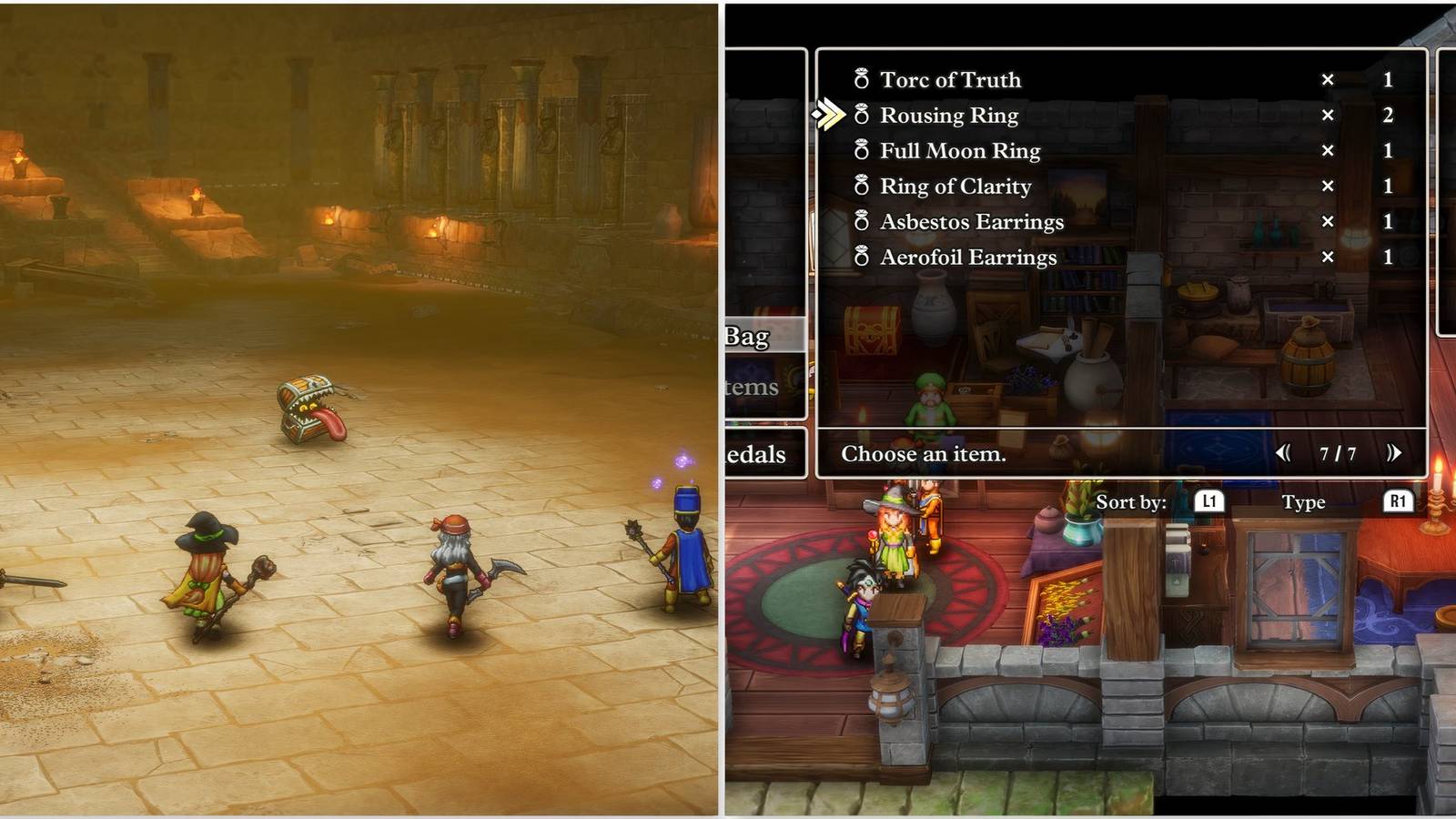 Fighting a battle and Rousing Ring accessory in Dragon Quest 3 HD-2D Remake