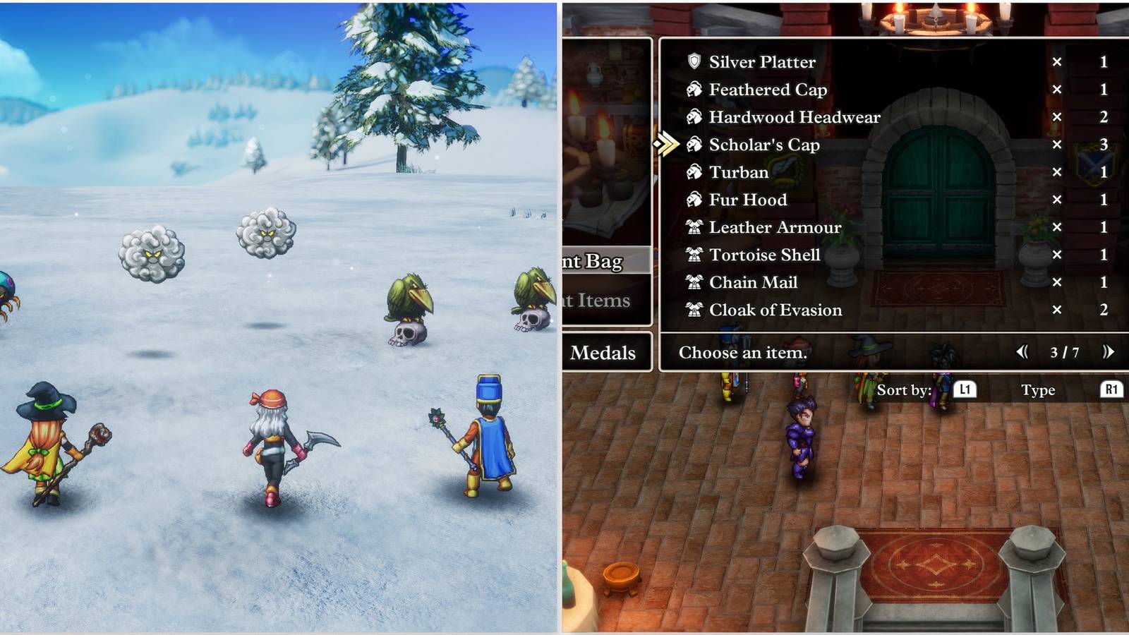 Fighting a battle and Scholar’s Cap armor in Dragon Quest 3 HD-2D Remake