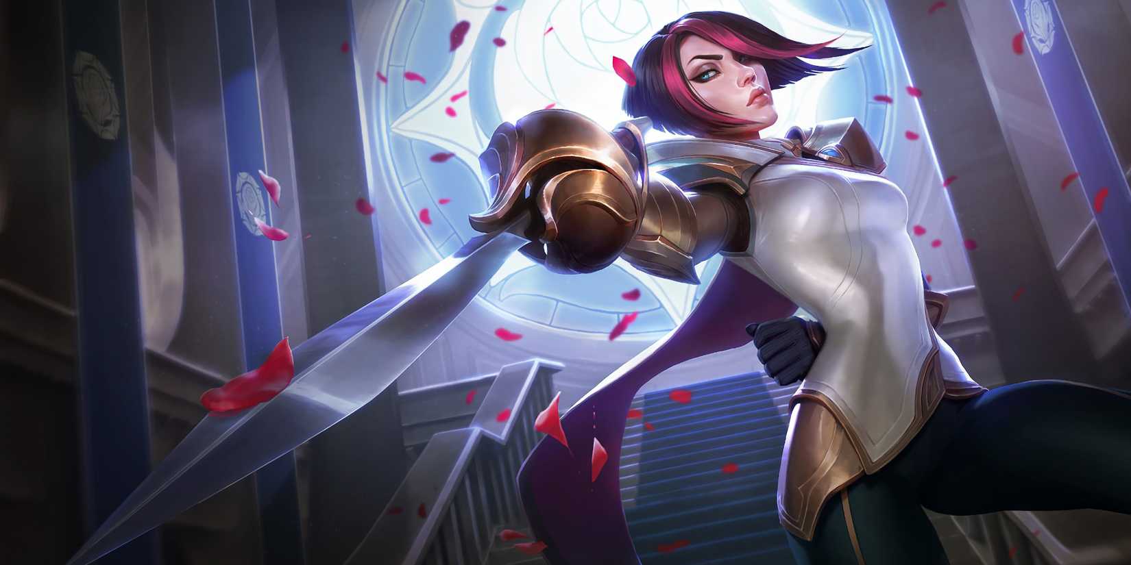 Fiora in her classic skin, poised with her rapier in a grand hall, rose petals falling around her.