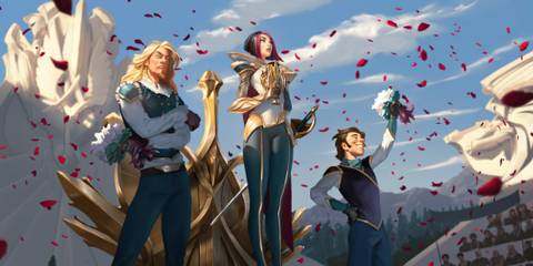 Fiora standing triumphantly with a golden cup, surrounded by rose petals, in Legends of Runeterra-1