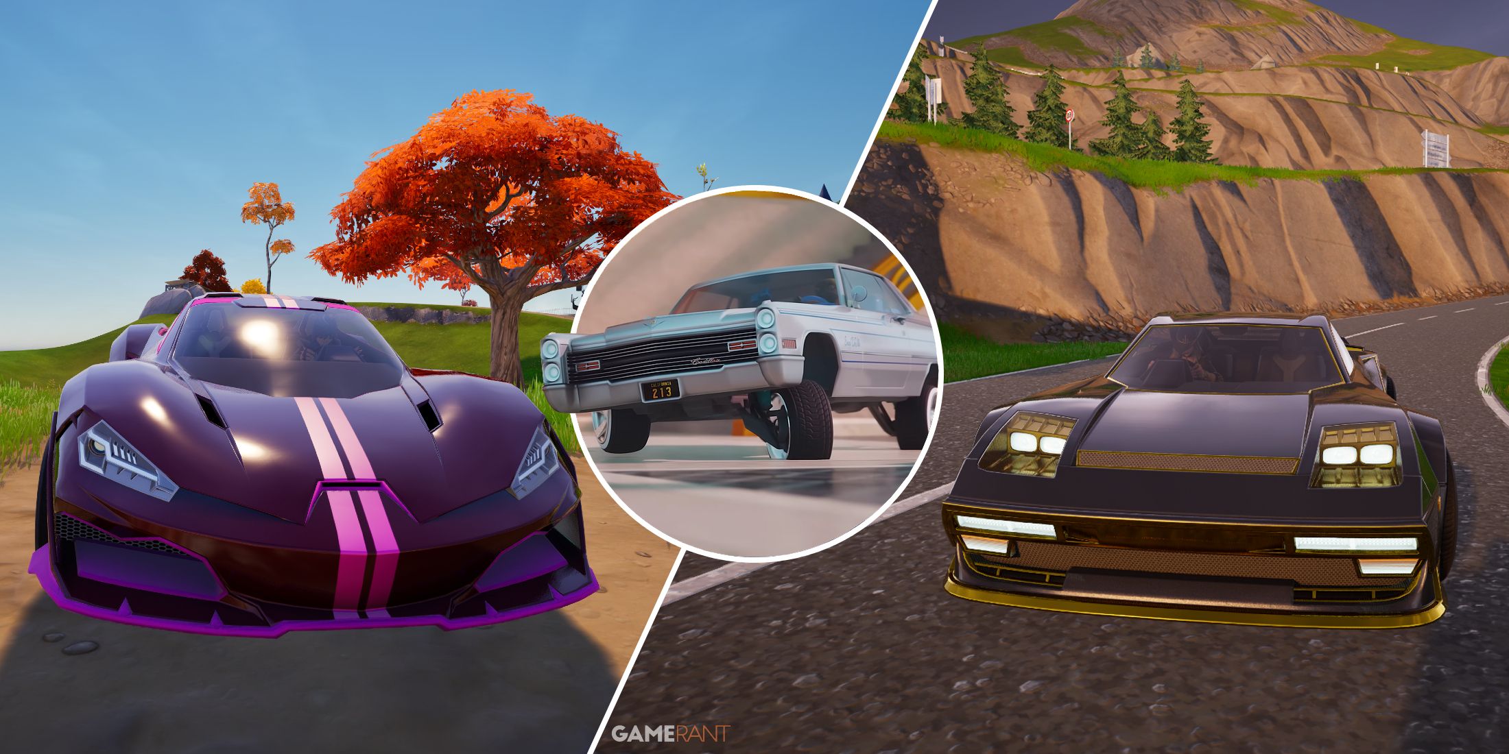 Split-image showcasing different cars in Fortnite