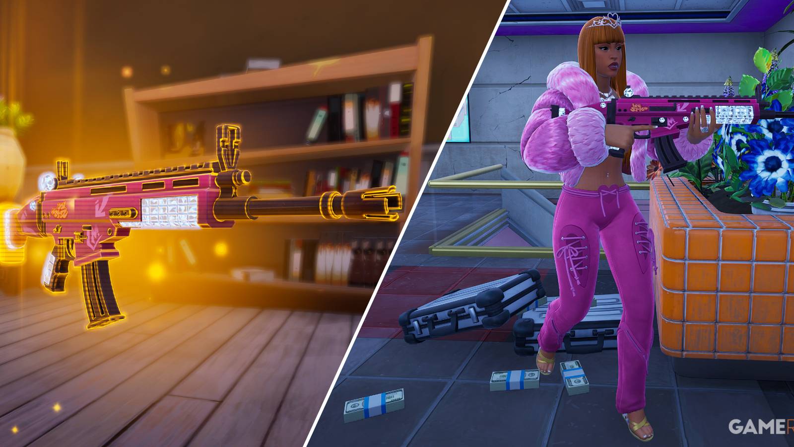 Split-image showcasing Ice Spice and her Mythic Assault Rifle in Fortnite