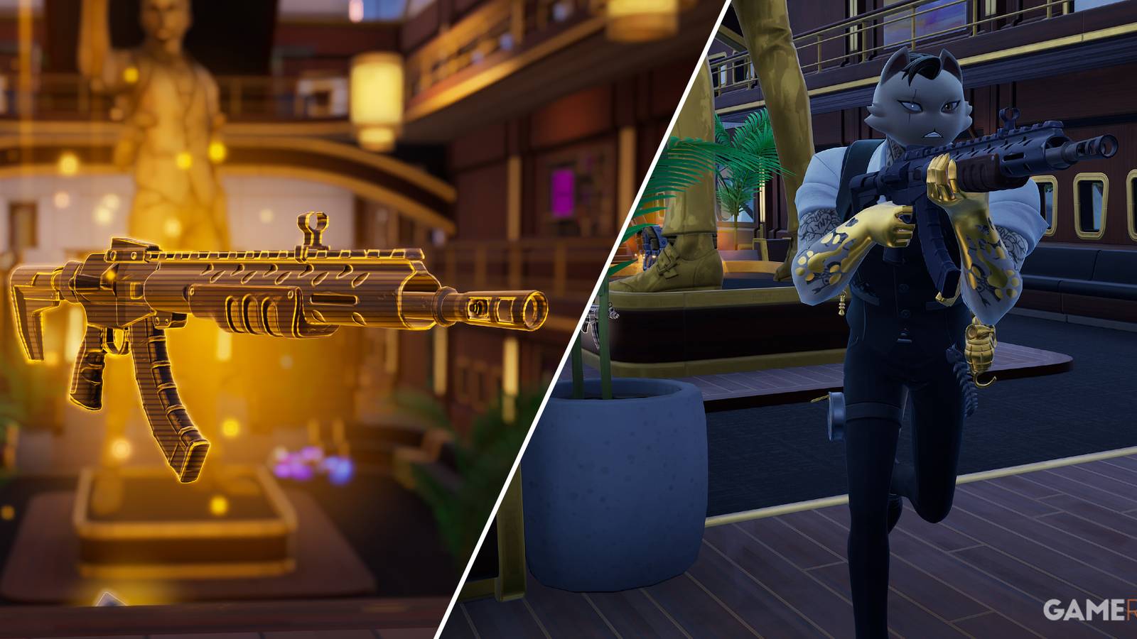 Split-image showcasing the Meowdas' Peow Peow Rifle Mythic in Fortnite