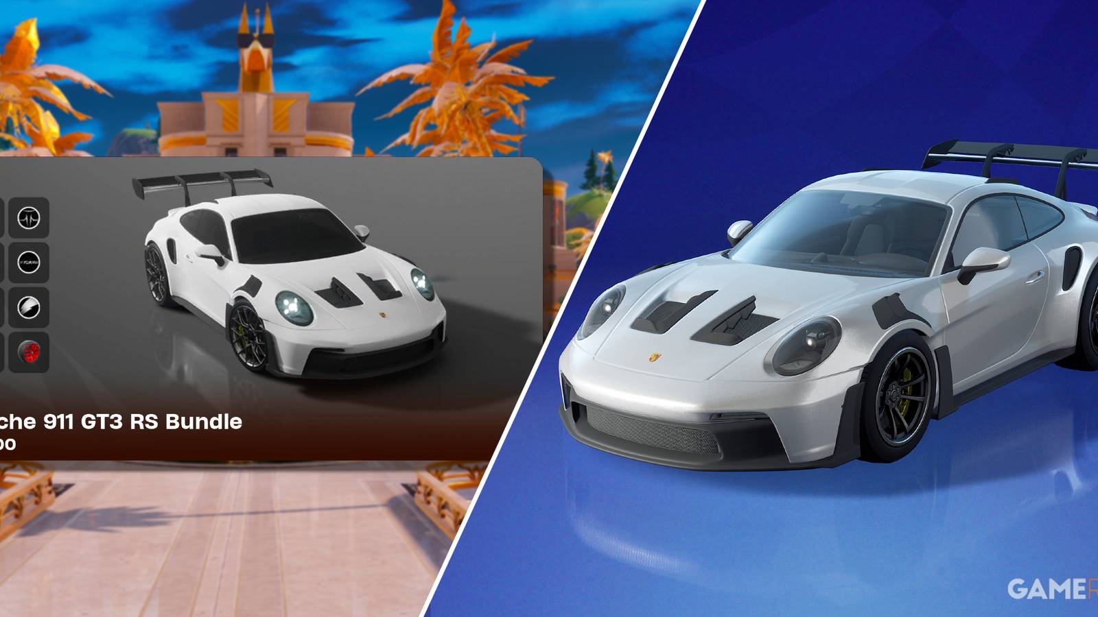 Split-image showcasing the Porsche 911 GT3 RS in Fortnite