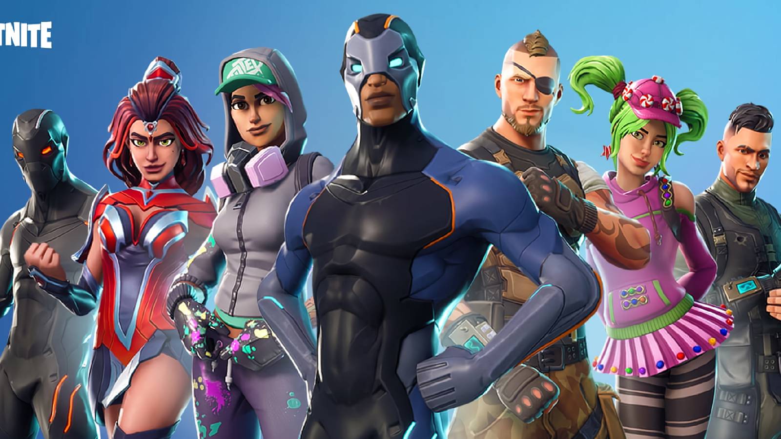 A promo visual for Fortnite showing multiple different skins.