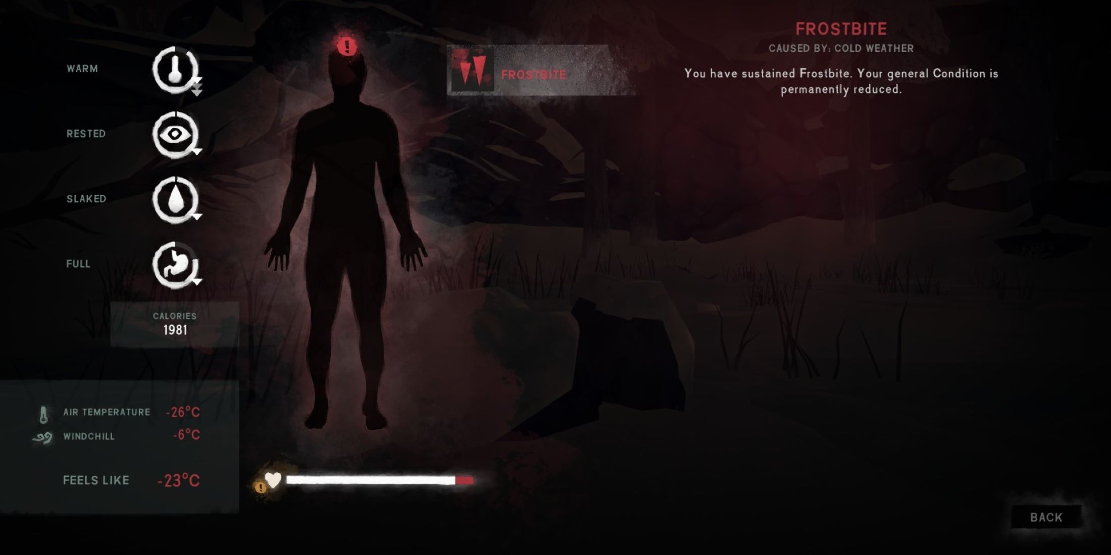 Player With Frostbite Affliction Displayed In Menu