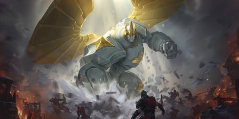 Galio emerging as a giant golden statue with wings, towering over a battlefield, in Legends of Runeterra
