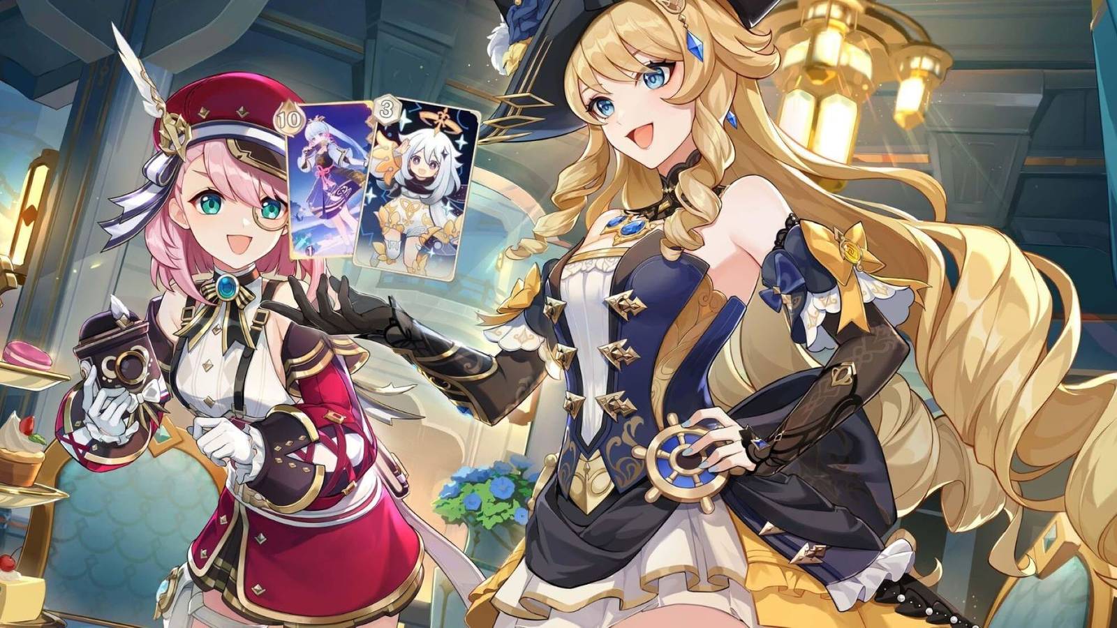 genshin impact charlotte looking at navia with genius invokation cards