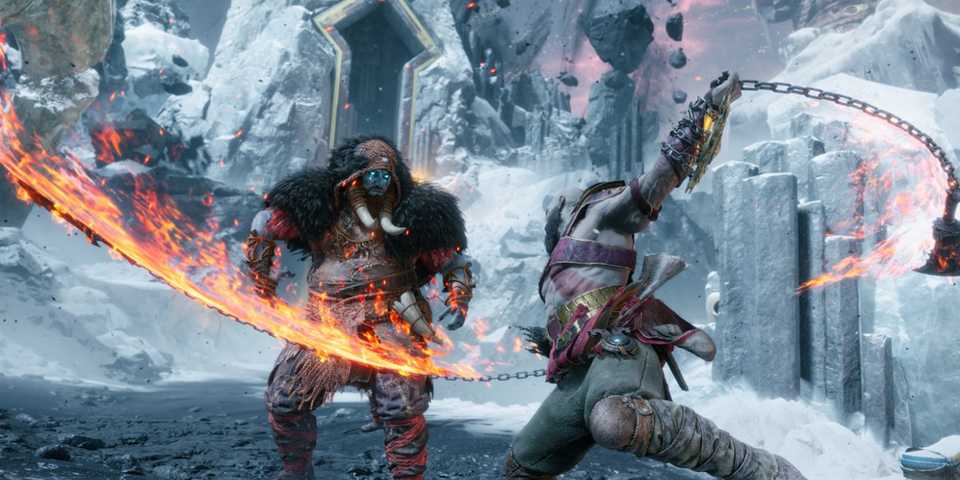 Intense combat with Kratos wielding fiery Blades of Chaos against a powerful enemy in God of War Ragnarok