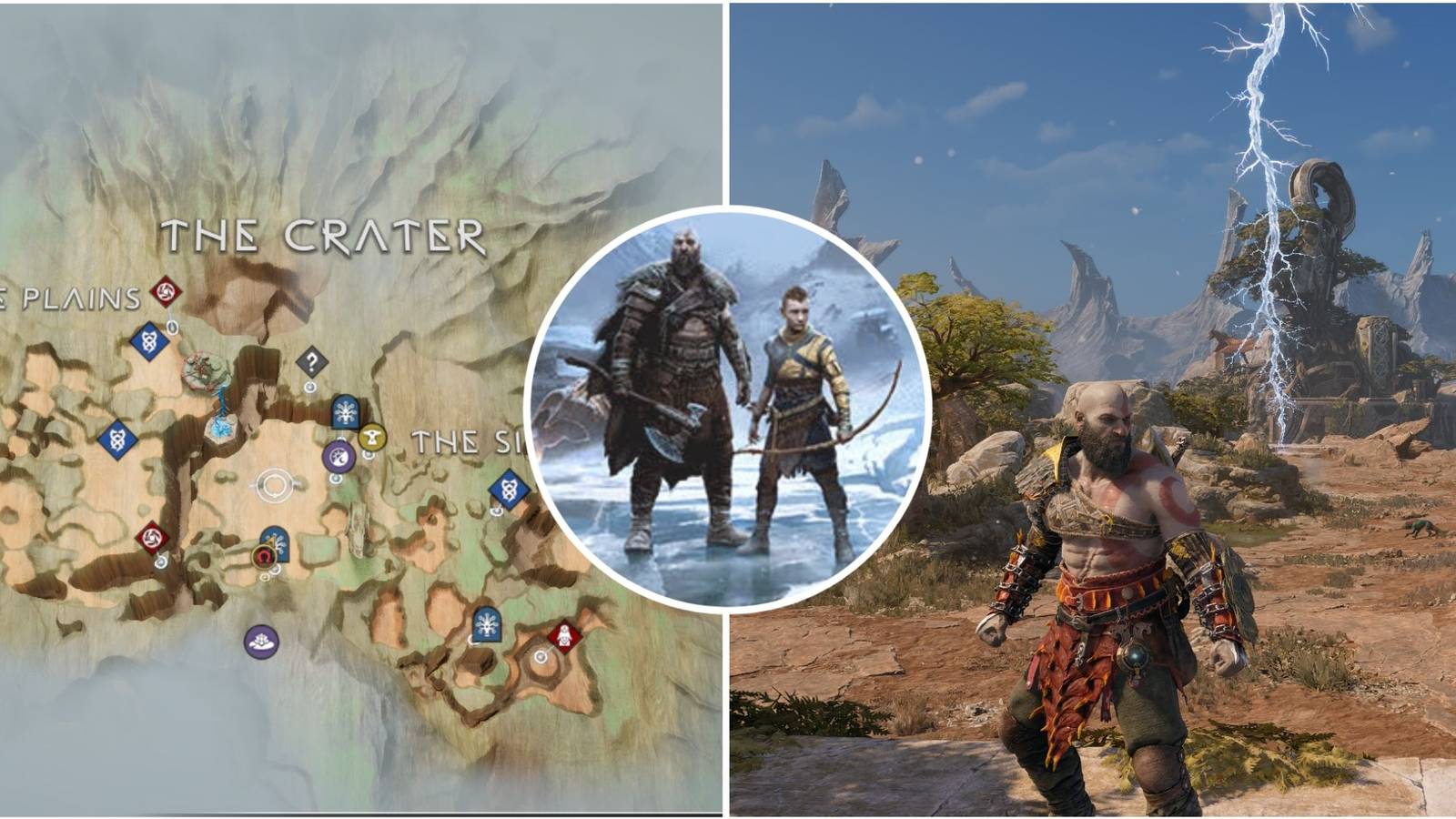 god of war ragnarok crater region map and in-game