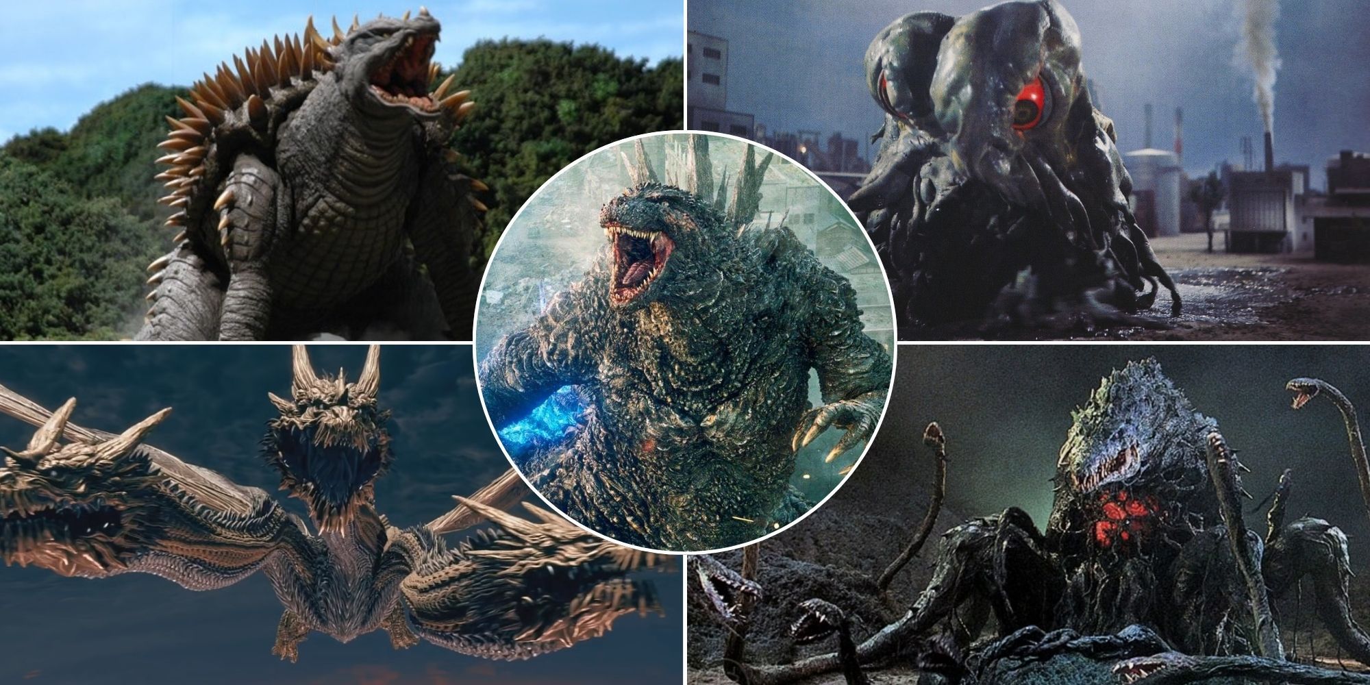 A collage of 3 popular Godzilla monsters that could appear in the sequel to Godzilla Minus One: Anguirus, Hedorah, King Ghidorah and Biollante.