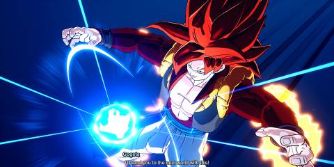 A screenshot of SSJ4 Gogeta performing his ult in Sparking Zero