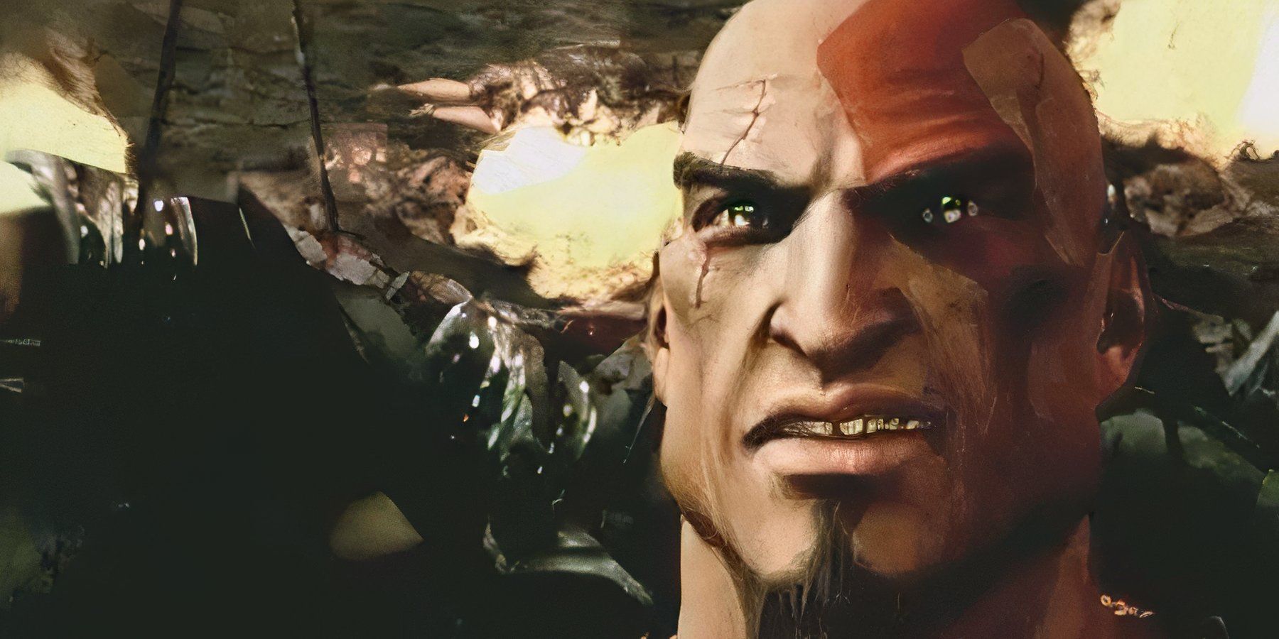 a close up of kratos